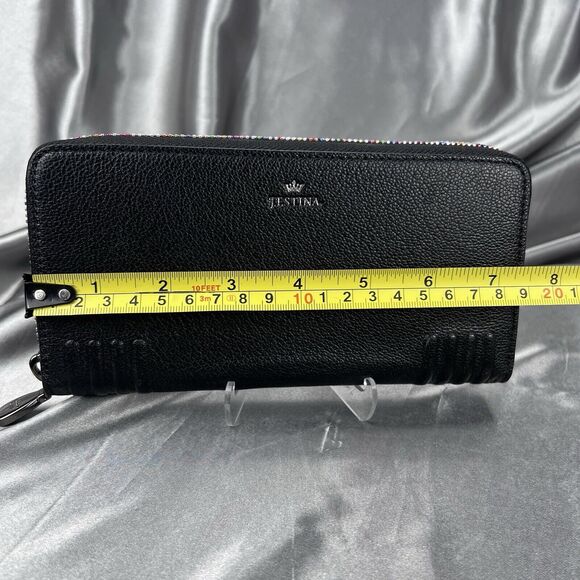 J. Estina Zip Aound Wallet Black Rainbow Accordion 12 Card Slots Pebbled Leather - Picture 11 of 17